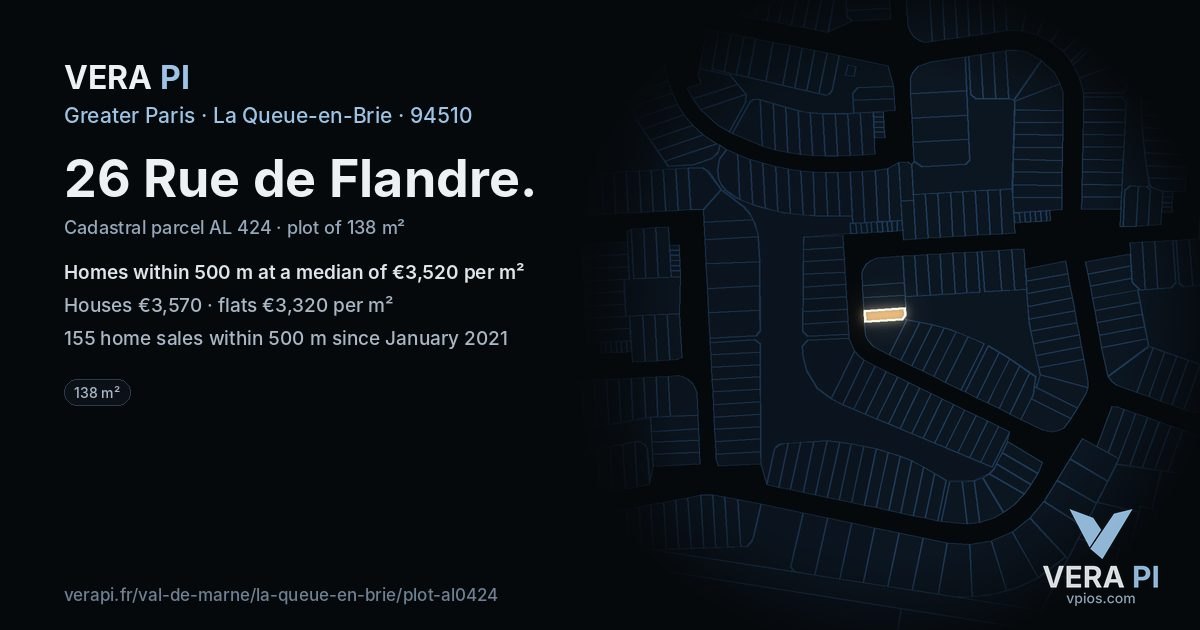 26 Rue de Flandre, La Queue-en-Brie at night – the plot lit, the parcels around coloured by the prices near them