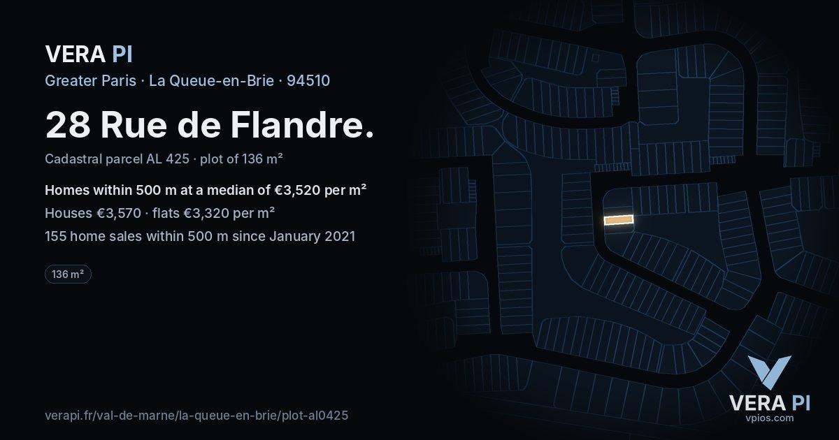 28 Rue de Flandre, La Queue-en-Brie at night – the plot lit, the parcels around coloured by the prices near them