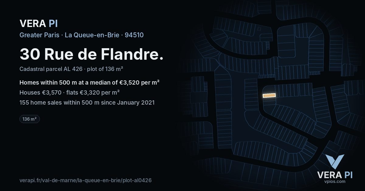 30 Rue de Flandre, La Queue-en-Brie at night – the plot lit, the parcels around coloured by the prices near them