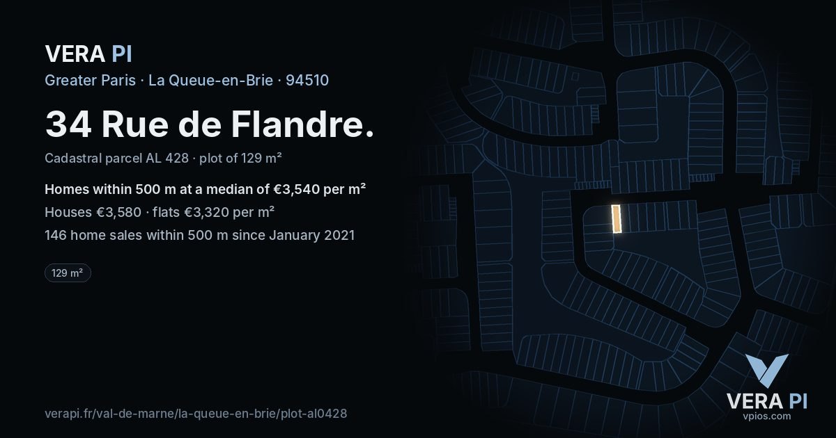 34 Rue de Flandre, La Queue-en-Brie at night – the plot lit, the parcels around coloured by the prices near them