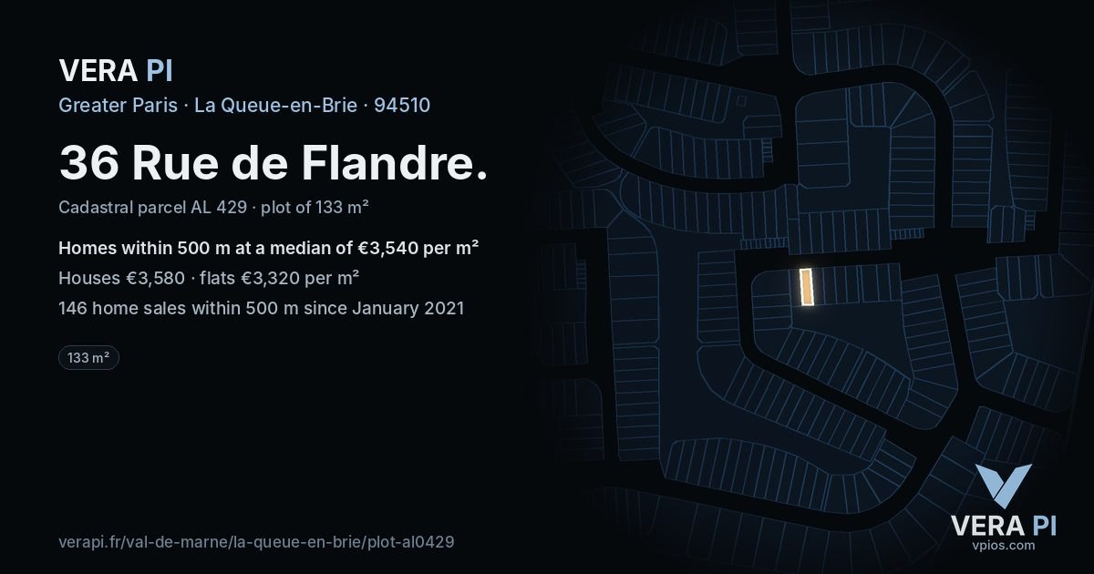 36 Rue de Flandre, La Queue-en-Brie at night – the plot lit, the parcels around coloured by the prices near them