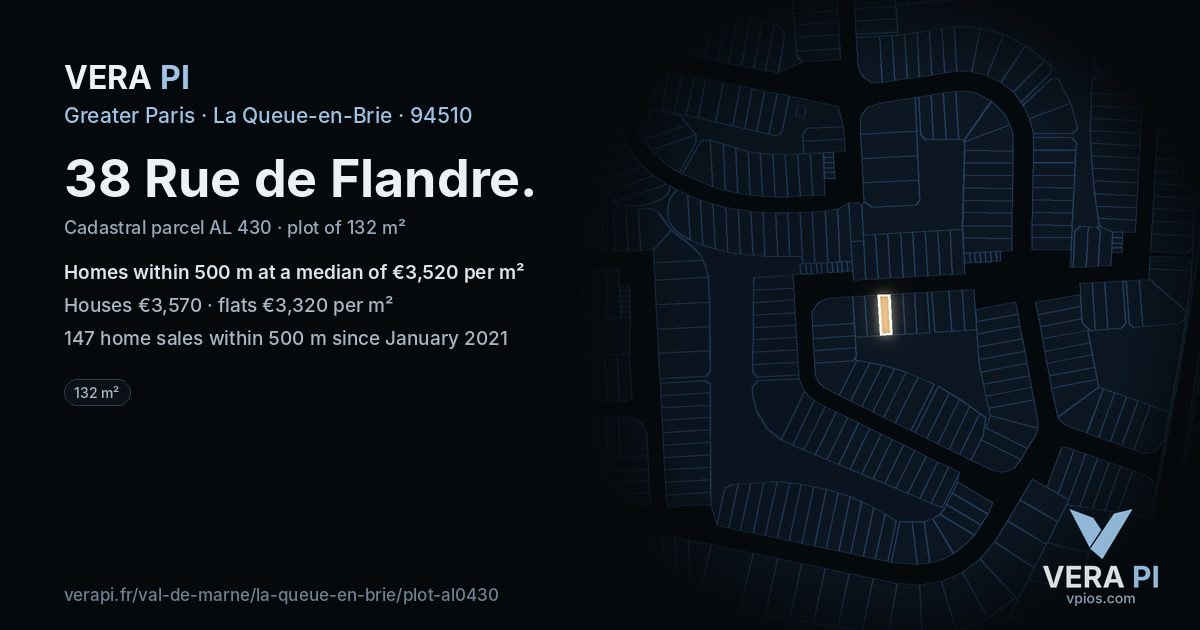 38 Rue de Flandre, La Queue-en-Brie at night – the plot lit, the parcels around coloured by the prices near them