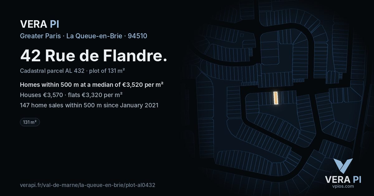 42 Rue de Flandre, La Queue-en-Brie at night – the plot lit, the parcels around coloured by the prices near them