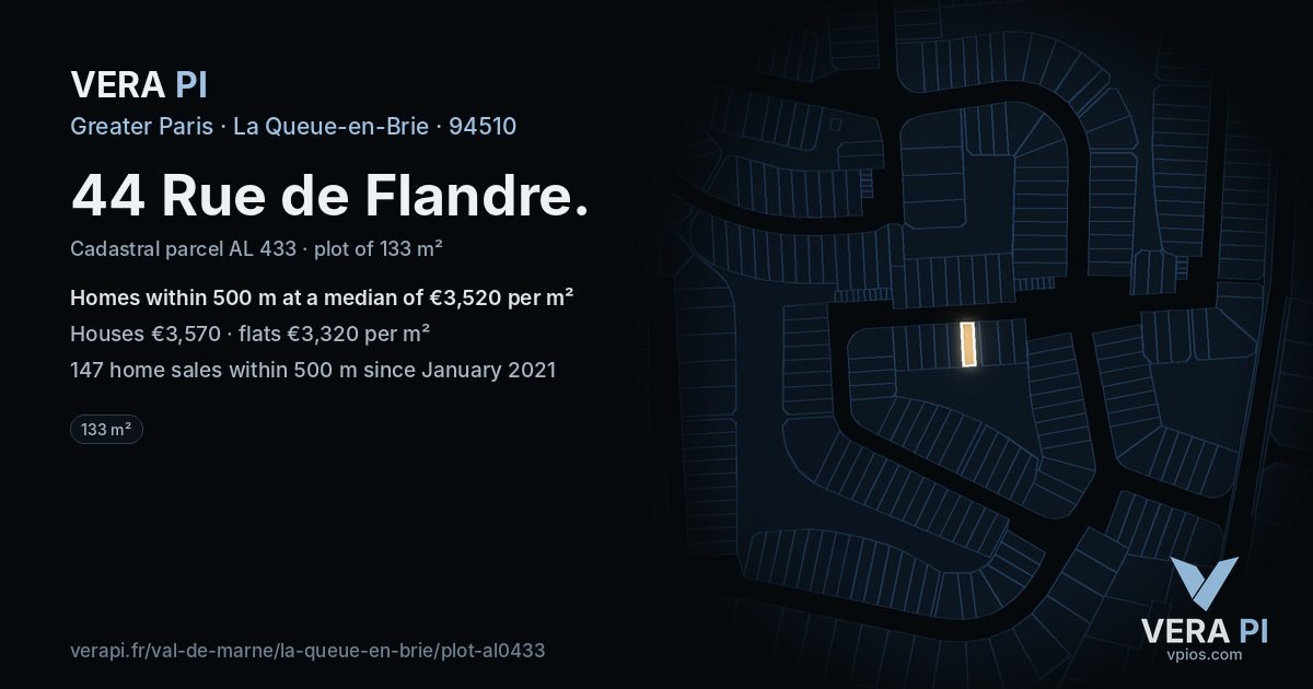 44 Rue de Flandre, La Queue-en-Brie at night – the plot lit, the parcels around coloured by the prices near them
