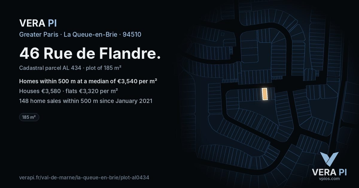 46 Rue de Flandre, La Queue-en-Brie at night – the plot lit, the parcels around coloured by the prices near them