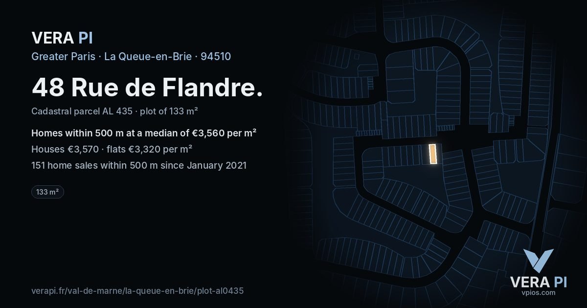 48 Rue de Flandre, La Queue-en-Brie at night – the plot lit, the parcels around coloured by the prices near them