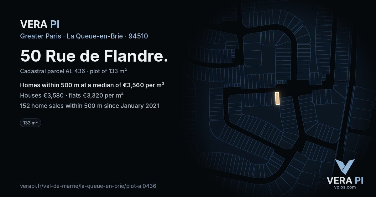50 Rue de Flandre, La Queue-en-Brie at night – the plot lit, the parcels around coloured by the prices near them