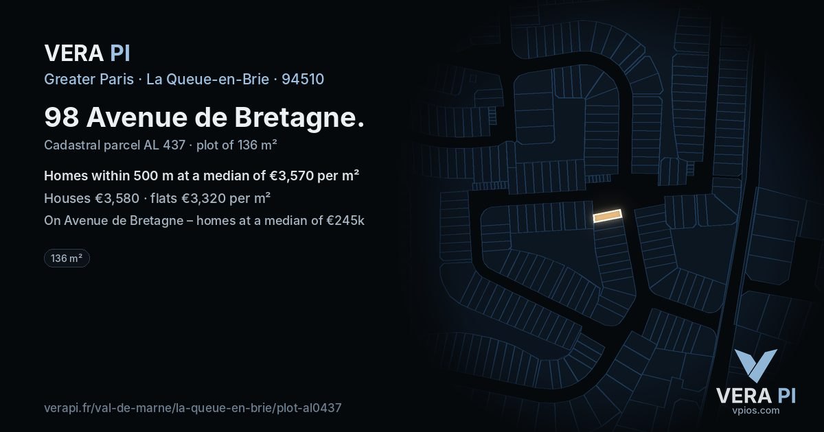 98 Avenue de Bretagne, La Queue-en-Brie at night – the plot lit, the parcels around coloured by the prices near them