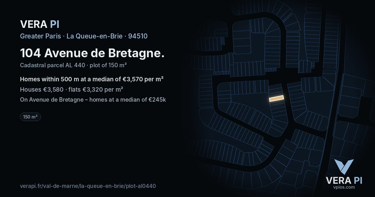 104 Avenue de Bretagne, La Queue-en-Brie at night – the plot lit, the parcels around coloured by the prices near them