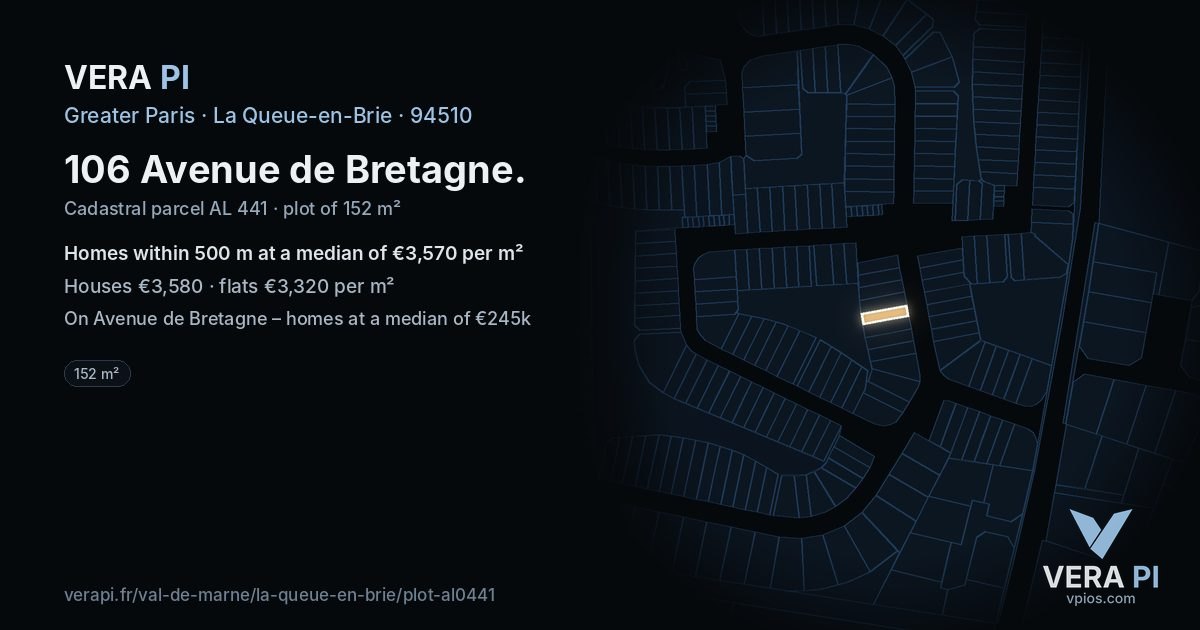 106 Avenue de Bretagne, La Queue-en-Brie at night – the plot lit, the parcels around coloured by the prices near them