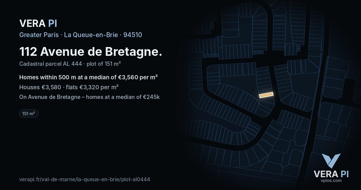 112 Avenue de Bretagne, La Queue-en-Brie at night – the plot lit, the parcels around coloured by the prices near them