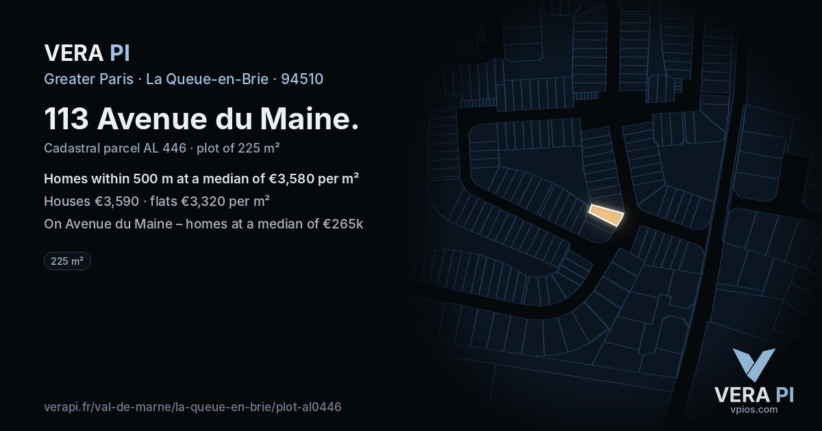 113 Avenue du Maine, La Queue-en-Brie at night – the plot lit, the parcels around coloured by the prices near them