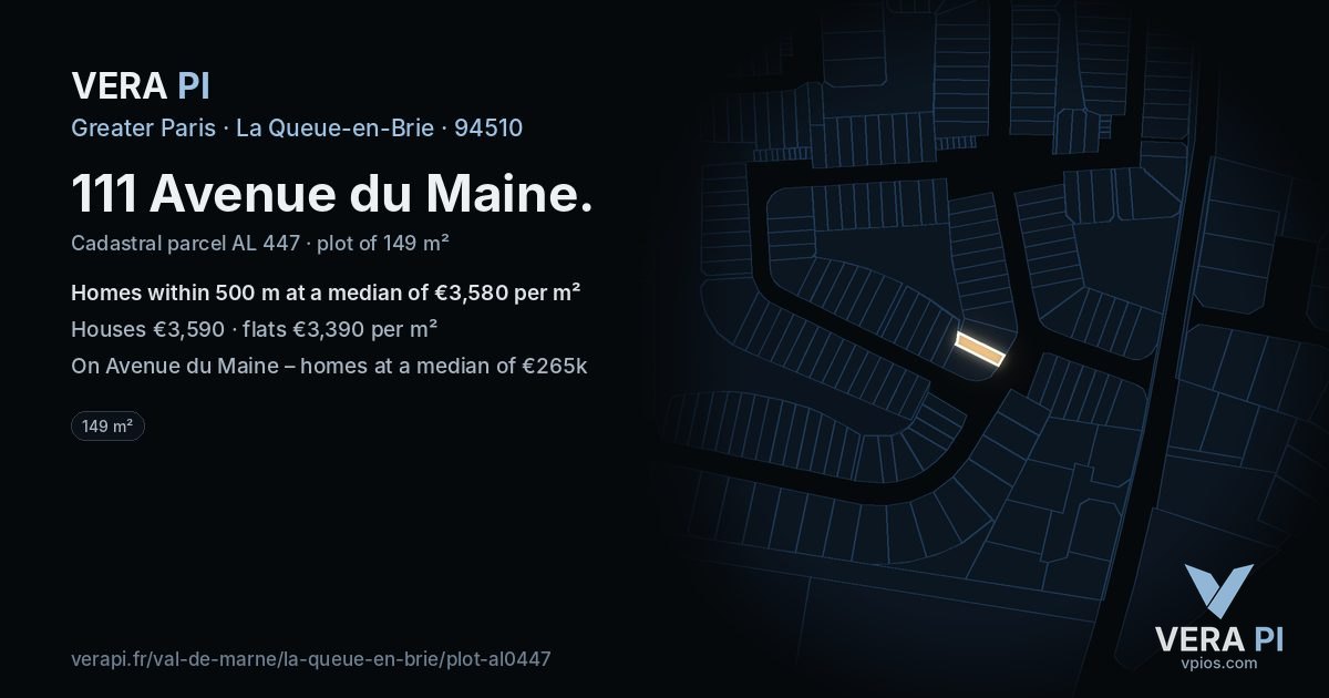 111 Avenue du Maine, La Queue-en-Brie at night – the plot lit, the parcels around coloured by the prices near them