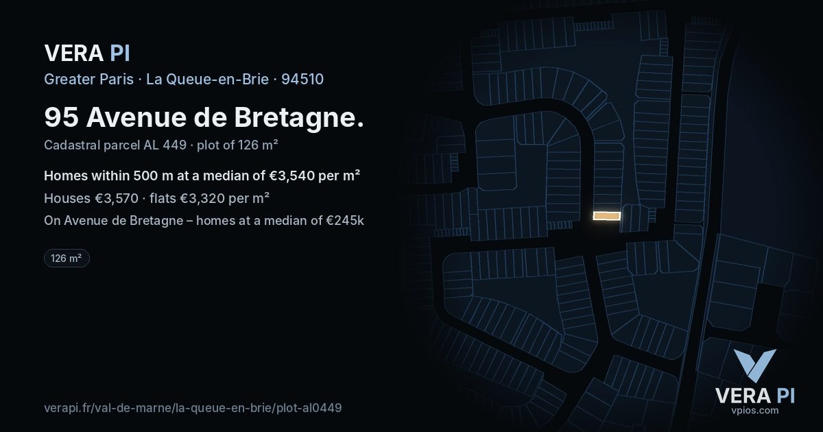 95 Avenue de Bretagne, La Queue-en-Brie at night – the plot lit, the parcels around coloured by the prices near them