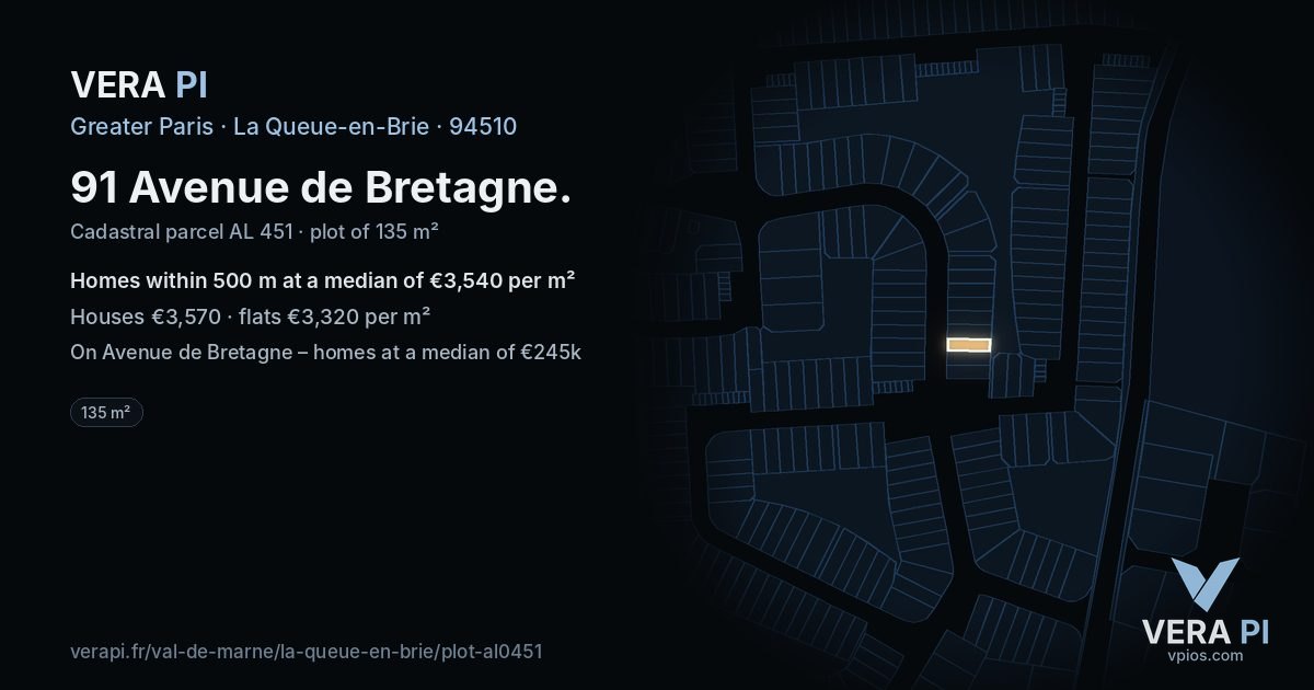 91 Avenue de Bretagne, La Queue-en-Brie at night – the plot lit, the parcels around coloured by the prices near them