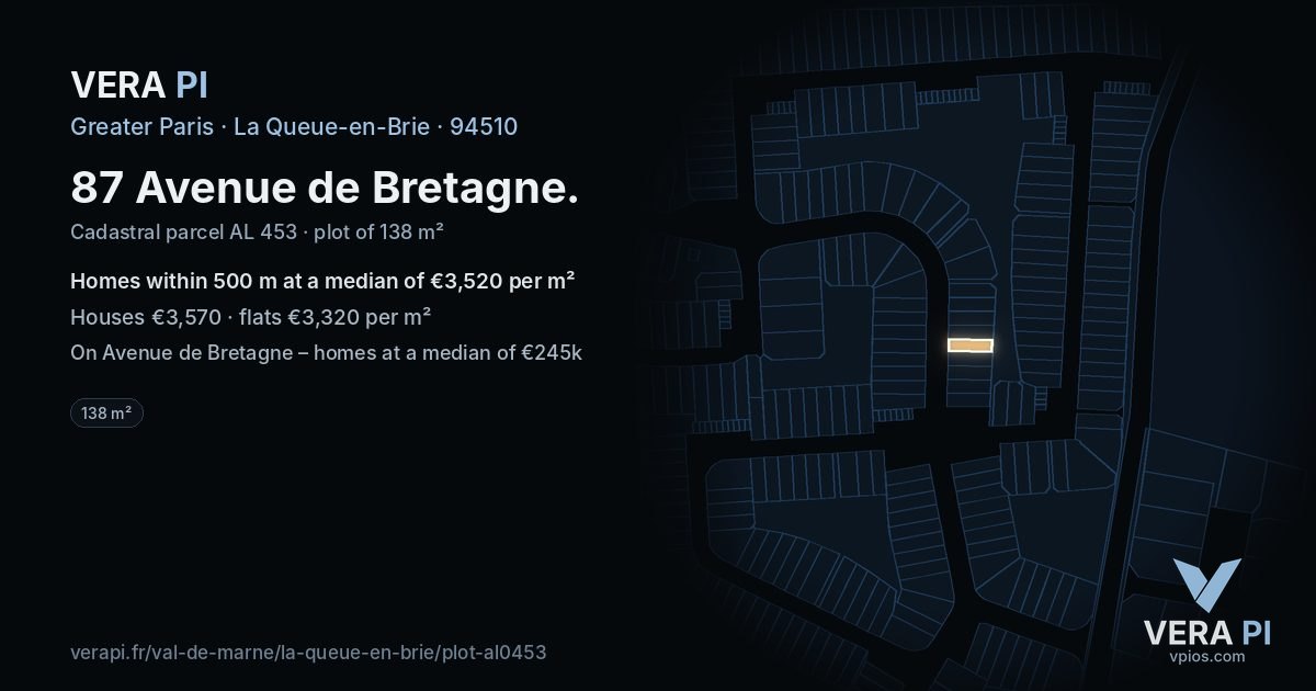 87 Avenue de Bretagne, La Queue-en-Brie at night – the plot lit, the parcels around coloured by the prices near them