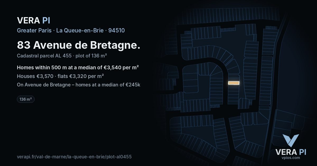 83 Avenue de Bretagne, La Queue-en-Brie at night – the plot lit, the parcels around coloured by the prices near them