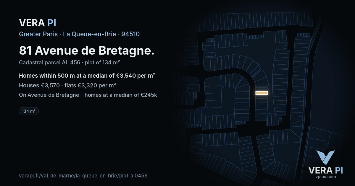 81 Avenue de Bretagne, La Queue-en-Brie at night – the plot lit, the parcels around coloured by the prices near them