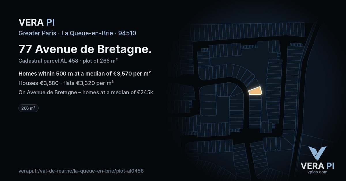 77 Avenue de Bretagne, La Queue-en-Brie at night – the plot lit, the parcels around coloured by the prices near them