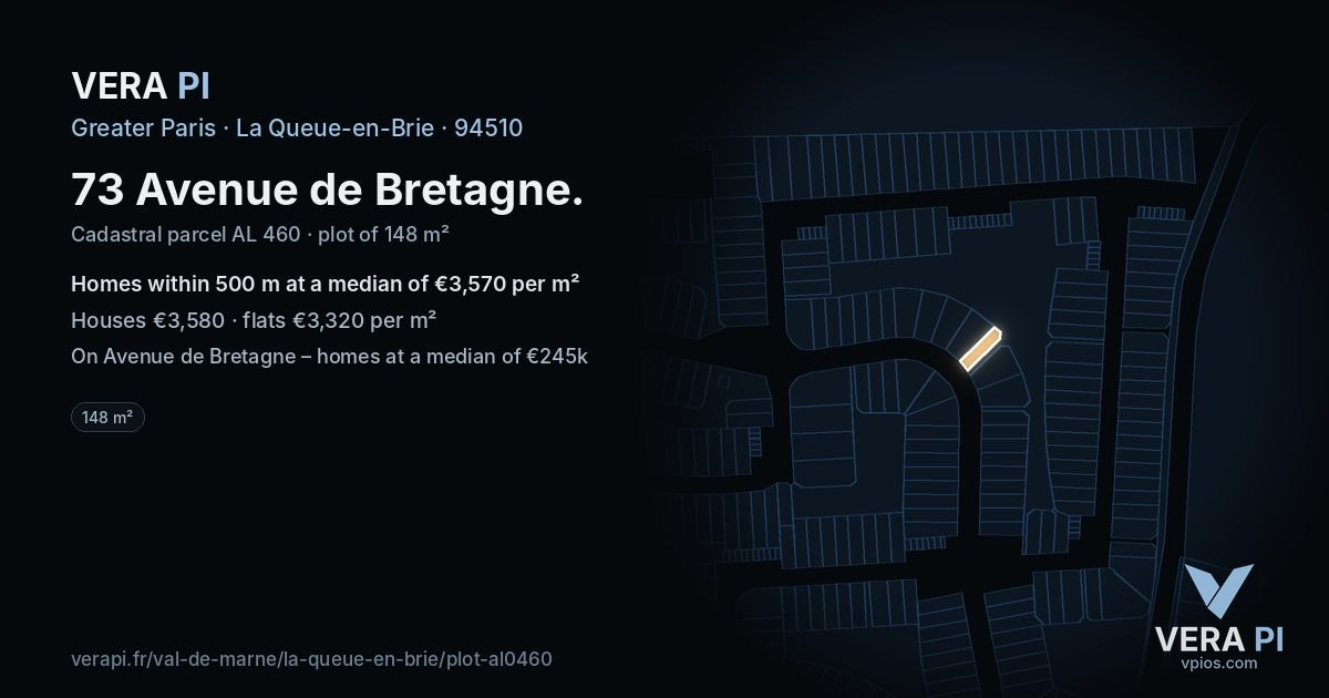 73 Avenue de Bretagne, La Queue-en-Brie at night – the plot lit, the parcels around coloured by the prices near them
