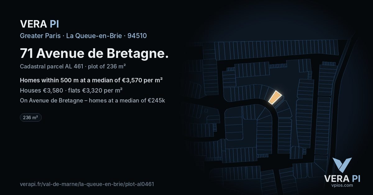 71 Avenue de Bretagne, La Queue-en-Brie at night – the plot lit, the parcels around coloured by the prices near them