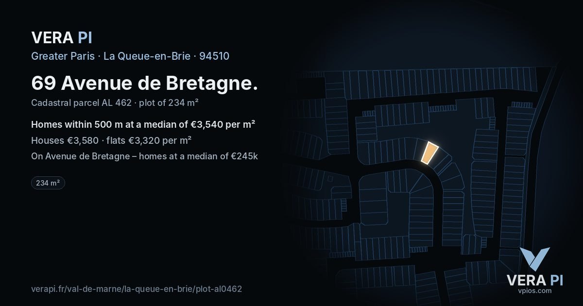 69 Avenue de Bretagne, La Queue-en-Brie at night – the plot lit, the parcels around coloured by the prices near them