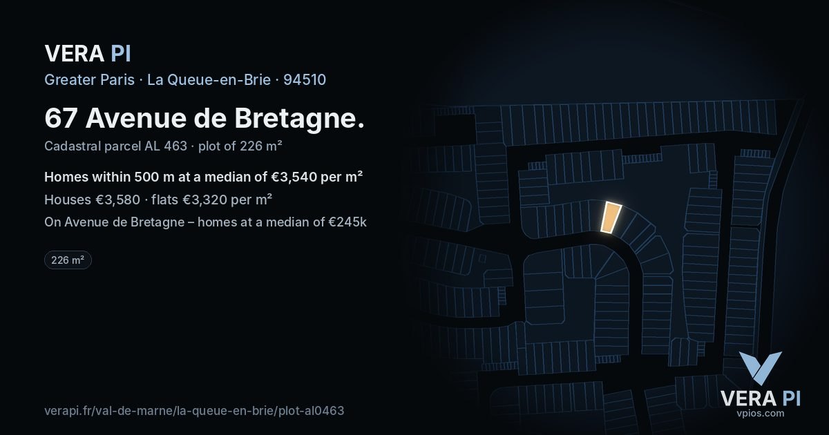 67 Avenue de Bretagne, La Queue-en-Brie at night – the plot lit, the parcels around coloured by the prices near them