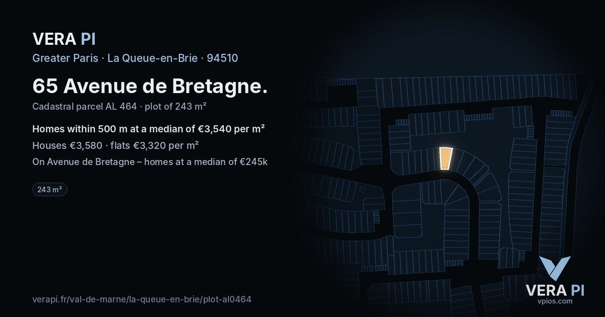 65 Avenue de Bretagne, La Queue-en-Brie at night – the plot lit, the parcels around coloured by the prices near them