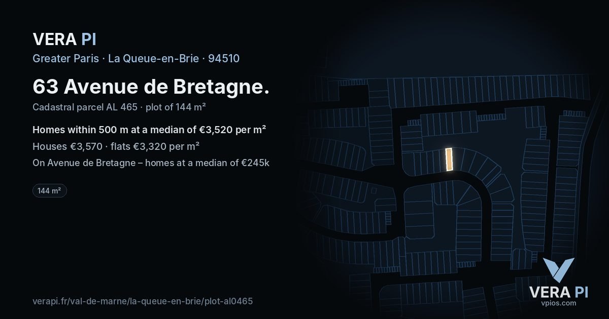 63 Avenue de Bretagne, La Queue-en-Brie at night – the plot lit, the parcels around coloured by the prices near them