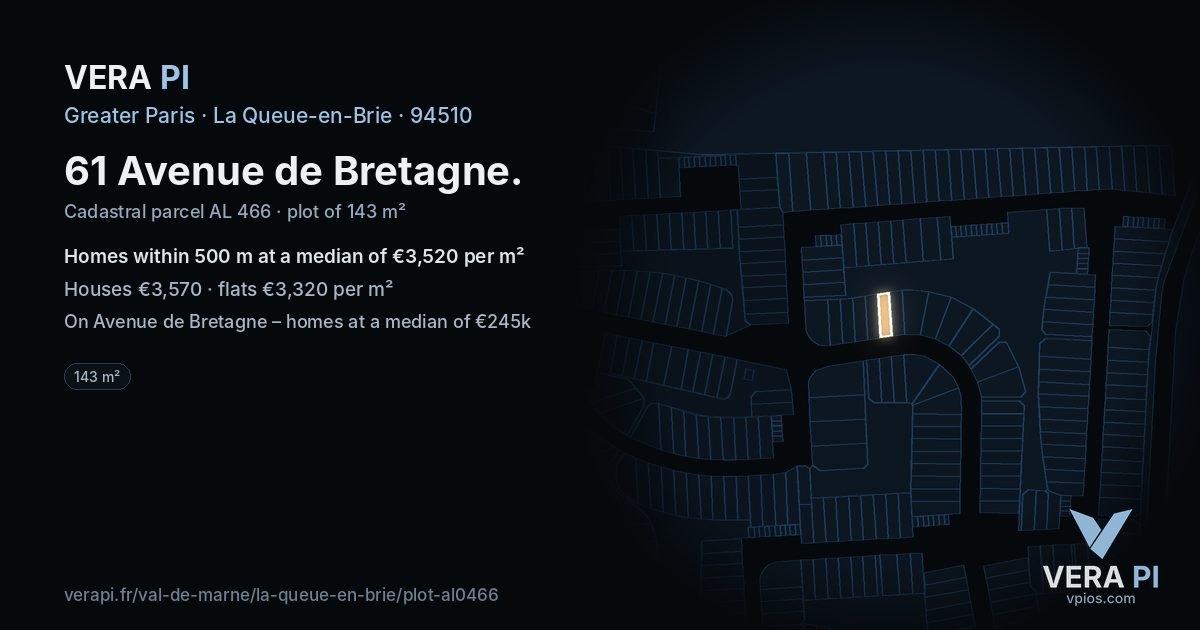 61 Avenue de Bretagne, La Queue-en-Brie at night – the plot lit, the parcels around coloured by the prices near them