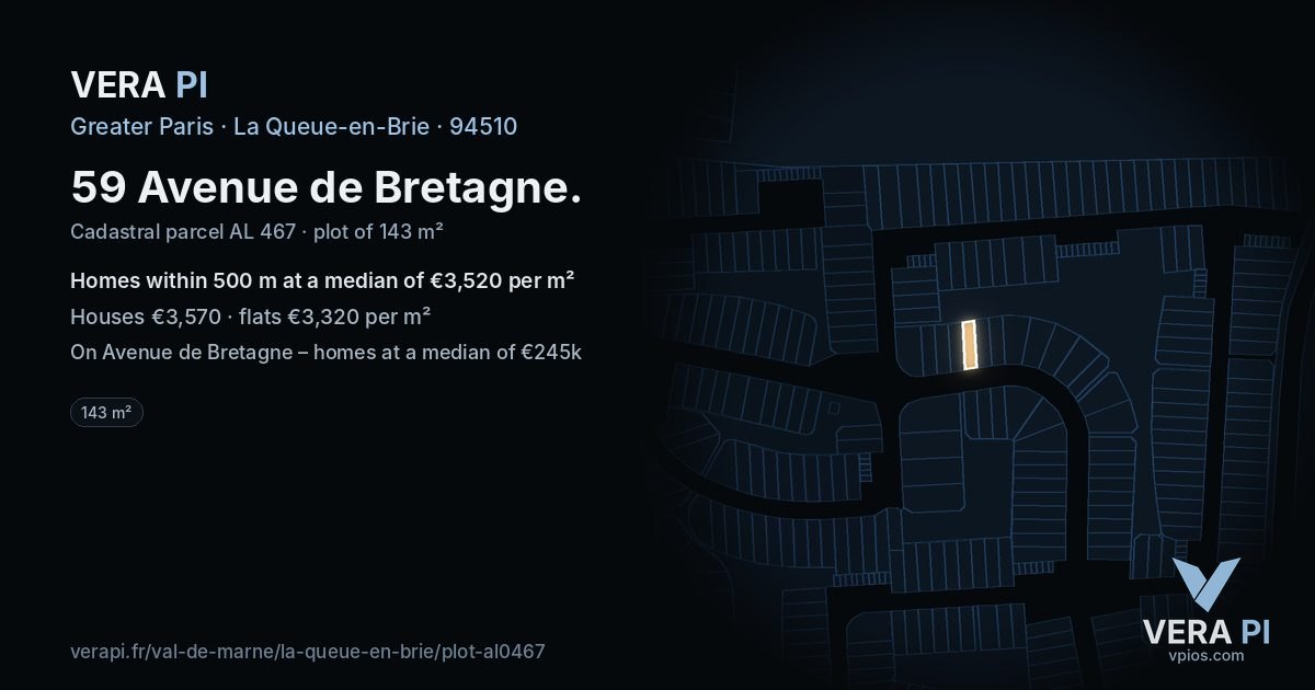 59 Avenue de Bretagne, La Queue-en-Brie at night – the plot lit, the parcels around coloured by the prices near them