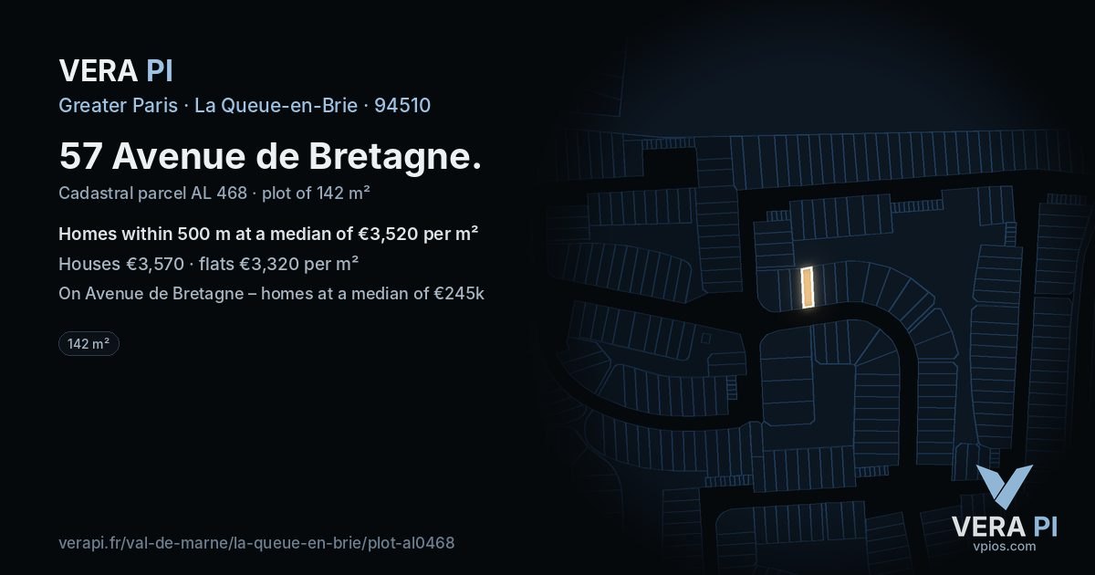 57 Avenue de Bretagne, La Queue-en-Brie at night – the plot lit, the parcels around coloured by the prices near them
