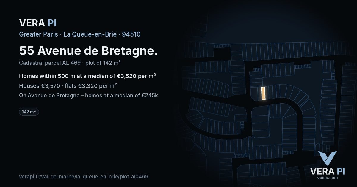 55 Avenue de Bretagne, La Queue-en-Brie at night – the plot lit, the parcels around coloured by the prices near them
