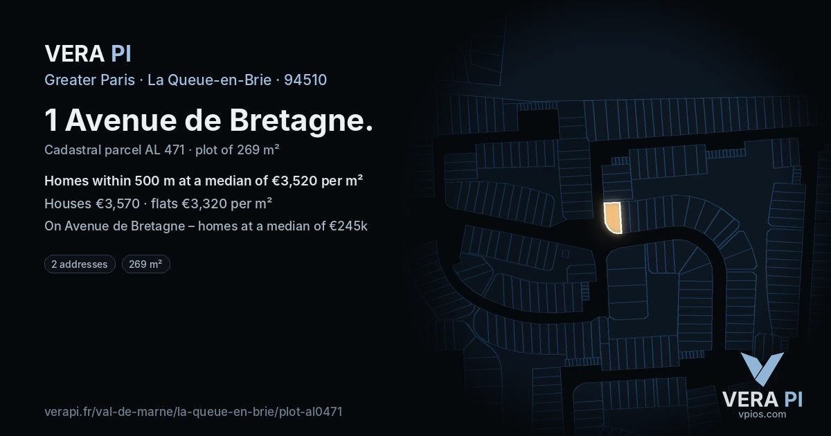 1 Avenue de Bretagne, La Queue-en-Brie at night – the plot lit, the parcels around coloured by the prices near them
