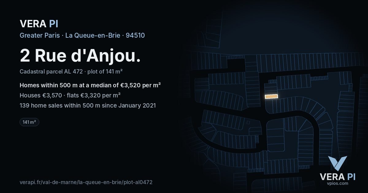 2 Rue d'Anjou, La Queue-en-Brie at night – the plot lit, the parcels around coloured by the prices near them