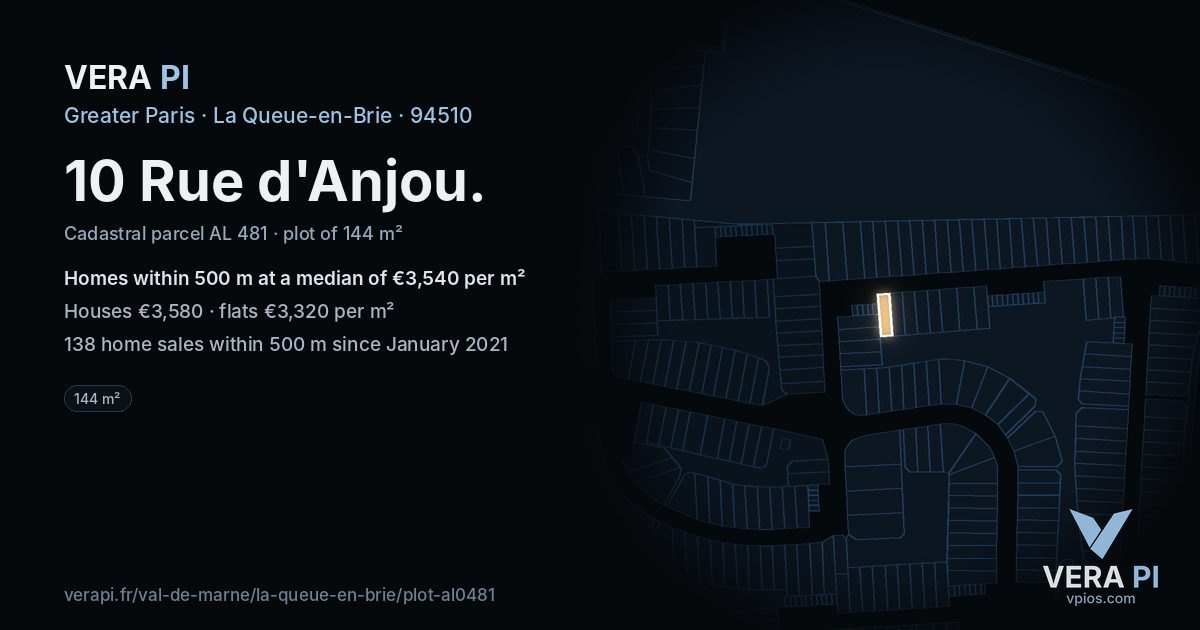 10 Rue d'Anjou, La Queue-en-Brie at night – the plot lit, the parcels around coloured by the prices near them