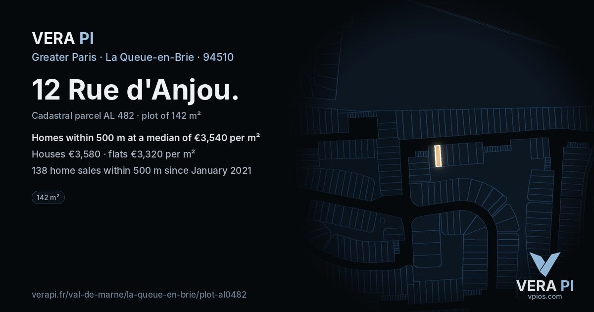 12 Rue d'Anjou, La Queue-en-Brie at night – the plot lit, the parcels around coloured by the prices near them