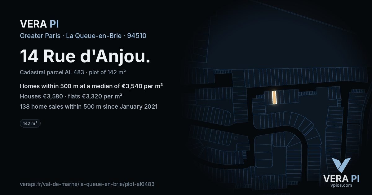 14 Rue d'Anjou, La Queue-en-Brie at night – the plot lit, the parcels around coloured by the prices near them