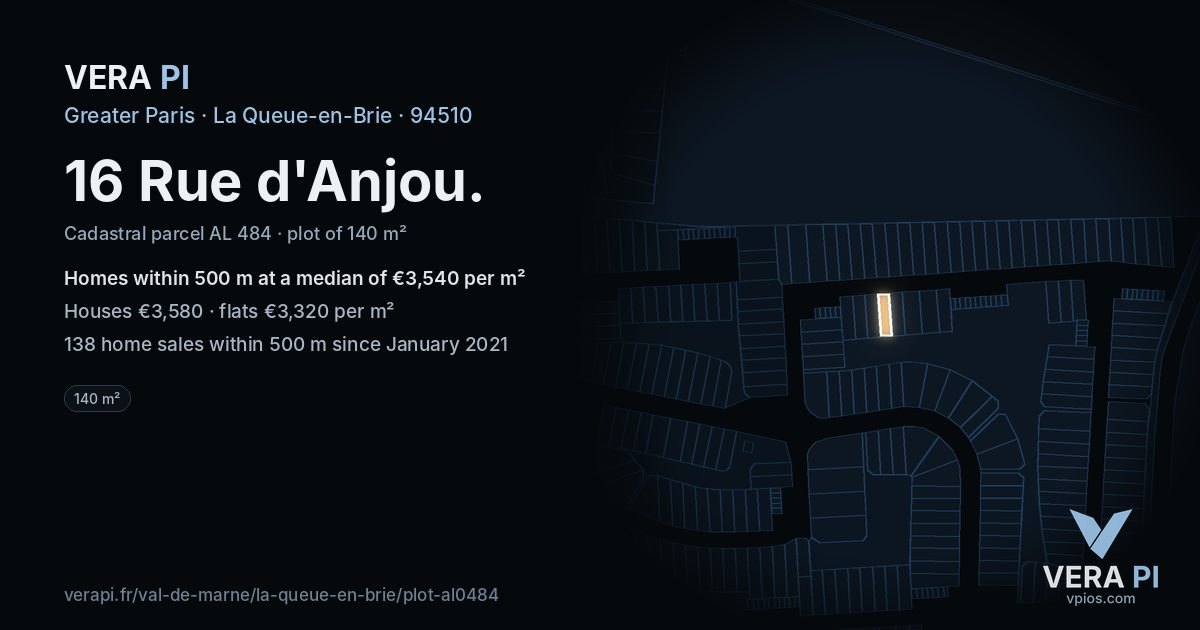 16 Rue d'Anjou, La Queue-en-Brie at night – the plot lit, the parcels around coloured by the prices near them