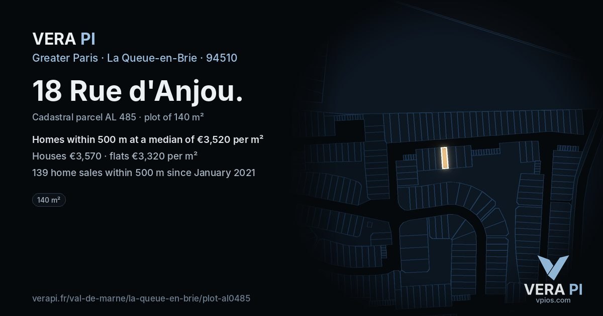 18 Rue d'Anjou, La Queue-en-Brie at night – the plot lit, the parcels around coloured by the prices near them