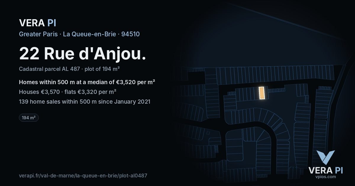 22 Rue d'Anjou, La Queue-en-Brie at night – the plot lit, the parcels around coloured by the prices near them