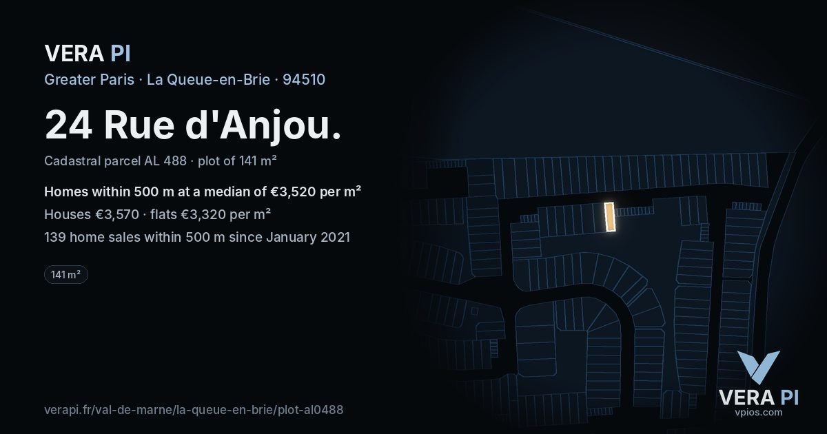 24 Rue d'Anjou, La Queue-en-Brie at night – the plot lit, the parcels around coloured by the prices near them