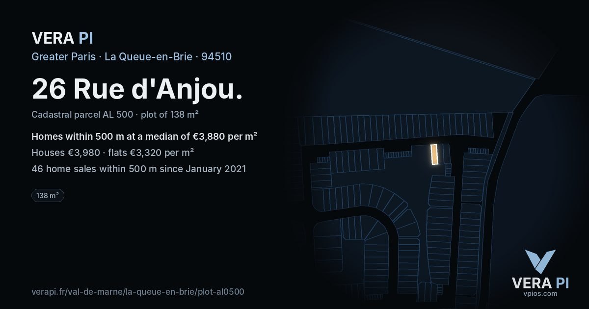 26 Rue d'Anjou, La Queue-en-Brie at night – the plot lit, the parcels around coloured by the prices near them