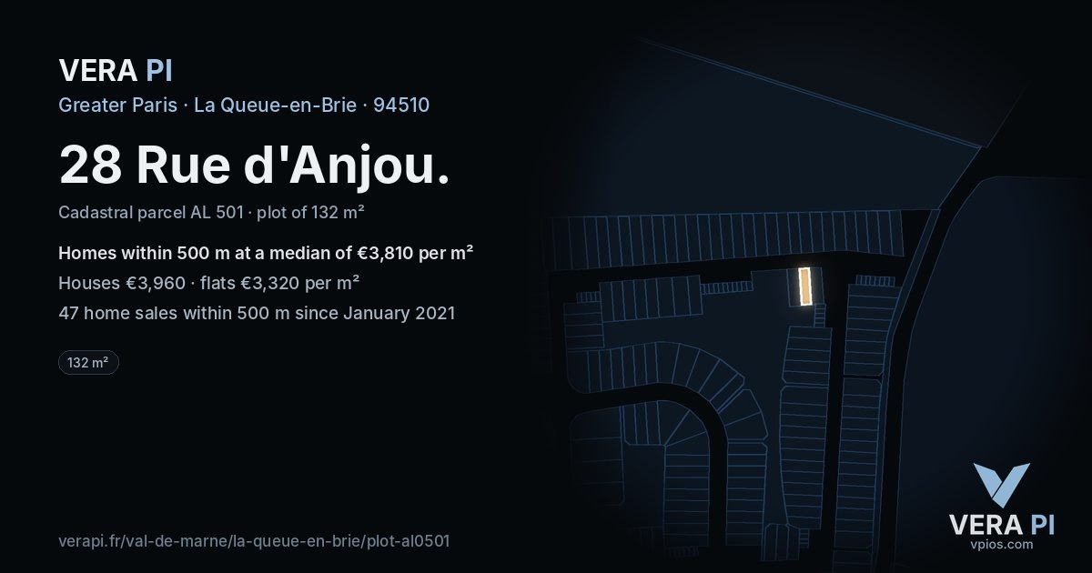 28 Rue d'Anjou, La Queue-en-Brie at night – the plot lit, the parcels around coloured by the prices near them