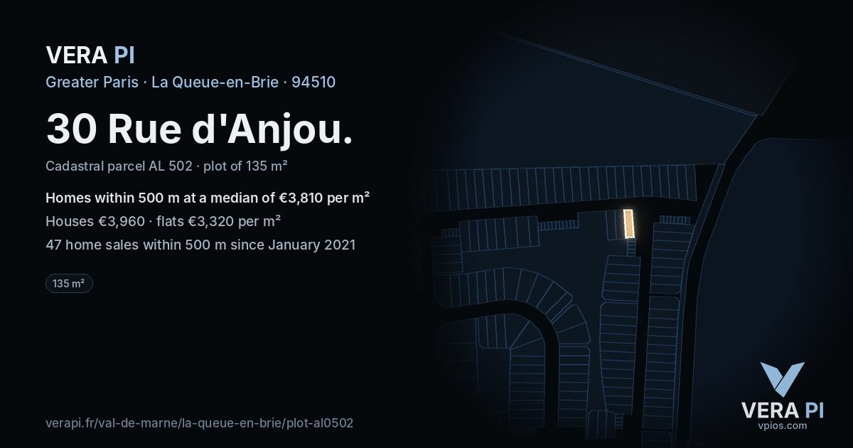 30 Rue d'Anjou, La Queue-en-Brie at night – the plot lit, the parcels around coloured by the prices near them