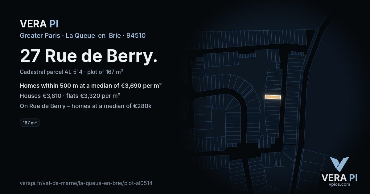 27 Rue de Berry, La Queue-en-Brie at night – the plot lit, the parcels around coloured by the prices near them