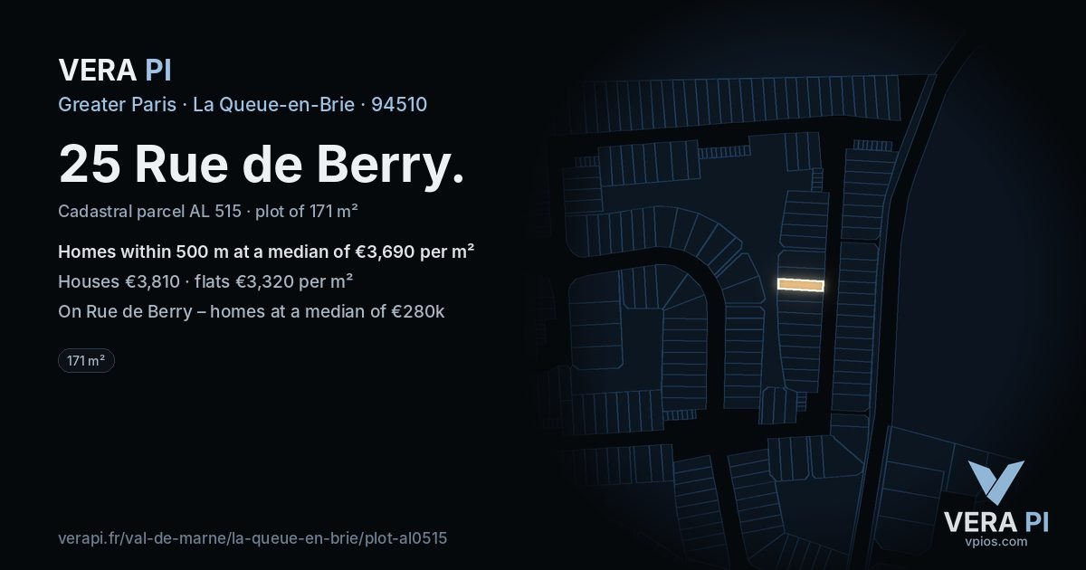 25 Rue de Berry, La Queue-en-Brie at night – the plot lit, the parcels around coloured by the prices near them