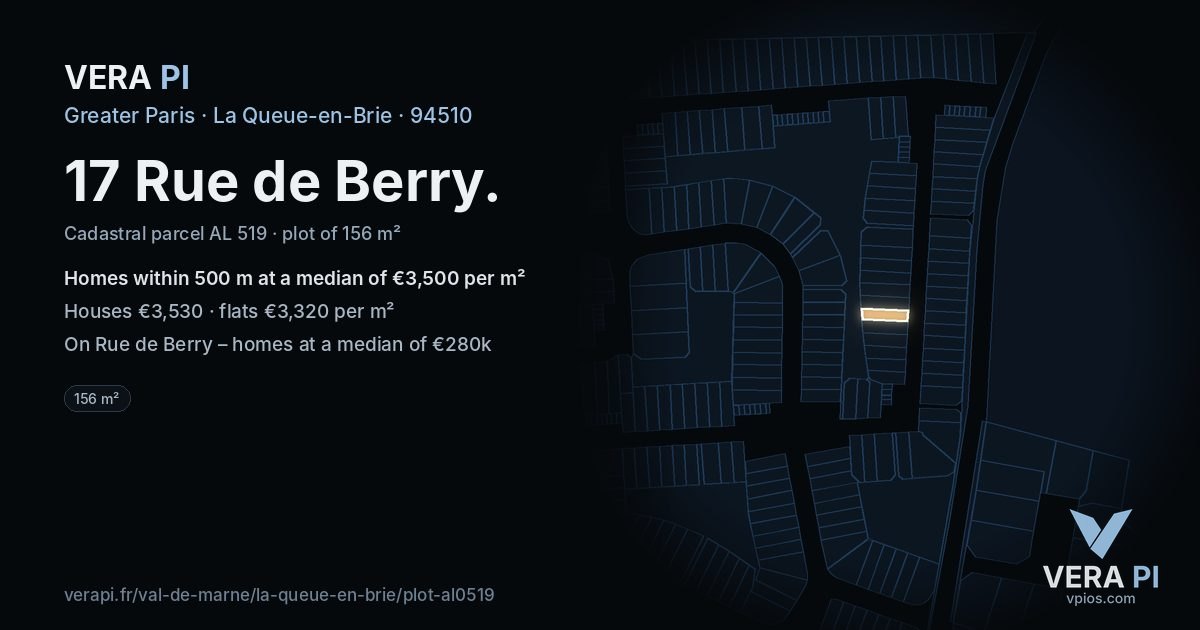 17 Rue de Berry, La Queue-en-Brie at night – the plot lit, the parcels around coloured by the prices near them