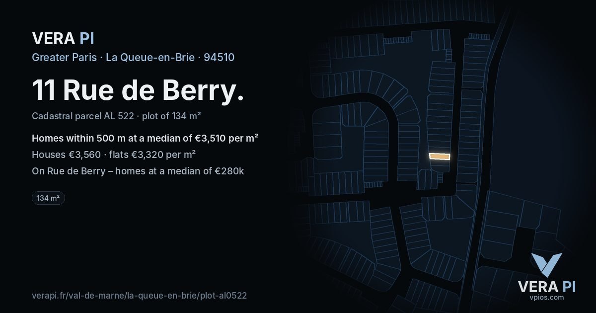 11 Rue de Berry, La Queue-en-Brie at night – the plot lit, the parcels around coloured by the prices near them