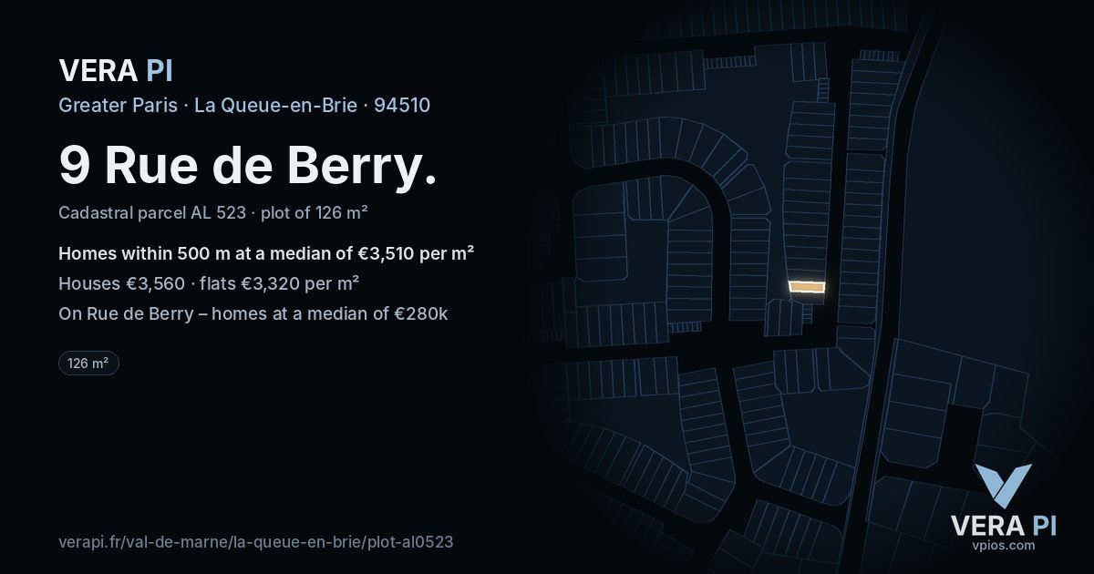 9 Rue de Berry, La Queue-en-Brie at night – the plot lit, the parcels around coloured by the prices near them